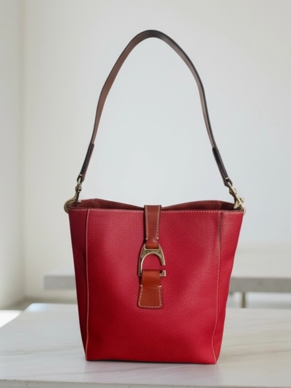 Dooney & Bourke Bridle Red Coral Leather Shoulder Bucket Bag! EUC!! - Picture 14 of 15